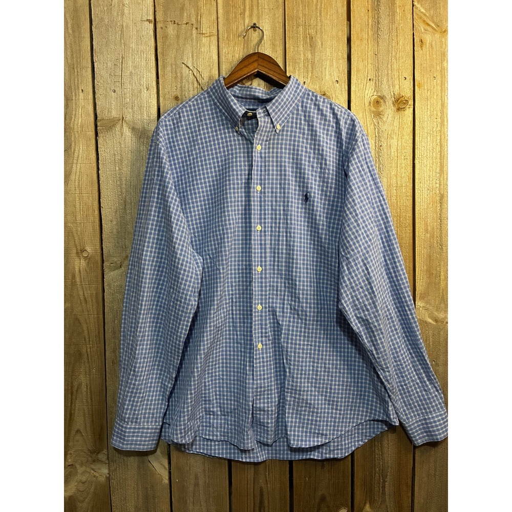 Ralph Lauren Classic Fit Mens 18 36/37 Blue White Check Cotton Button Down Shirt
